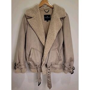 American Eagle‎ Sherpa Lined Moto Aviator Jacket Biege Suede Trucker Bomber